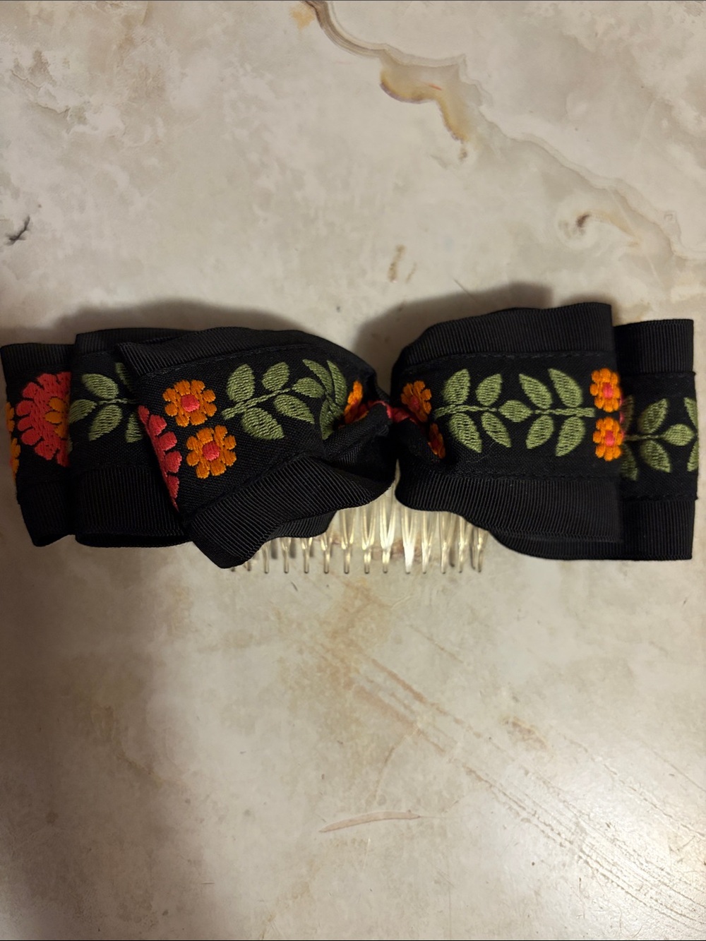 Vintage Black Floral Embroidered Ribbon Hair Comb